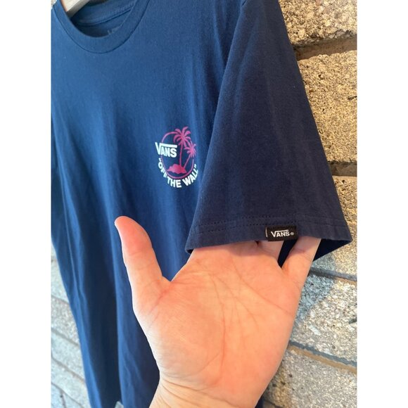 Vans "Off The Wall" Navy T-Shirt Medium Slim Fit 100% Cotton Pink Palm Graphic F - Picture 2 of 6